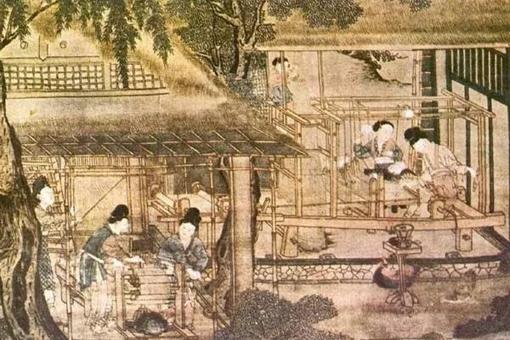 Oude Chinese afbeelding met linksvoor de zijde spinners en rechtsachter de wevers